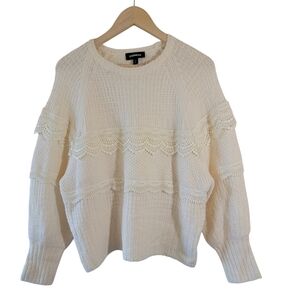 EXPRESS Ivory Wool Alpaca Blend Pullover Sweater Sz L Lace Tiered Minimalist